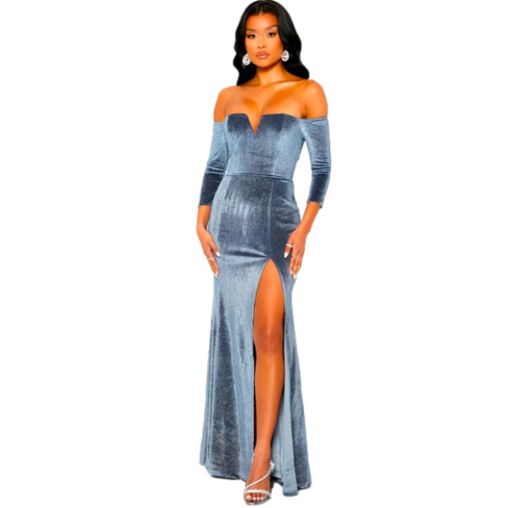 Shimmery VELVET max dress 3/4 sleeves, slit fully lined